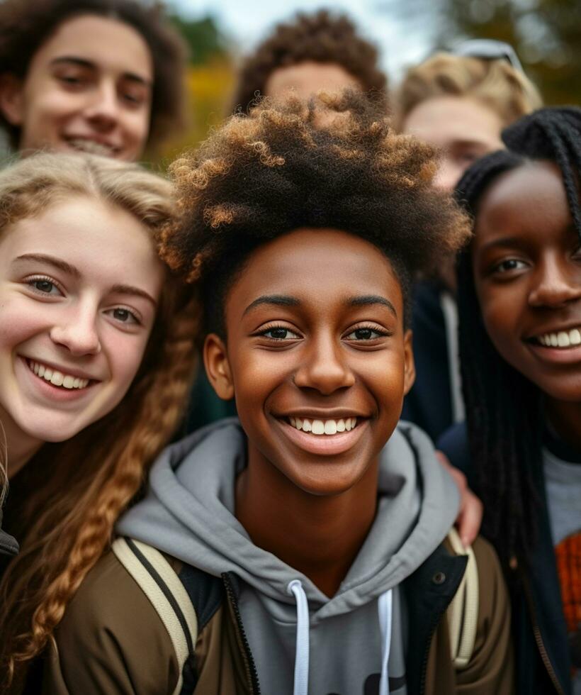 ai generato un' gruppo di giovane adulti sorridente all'aperto generato di ai foto