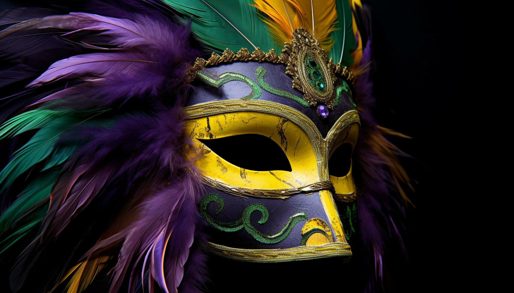 ai generato piumato maschera travestimenti nel Multi colorato costume parata generato di ai foto