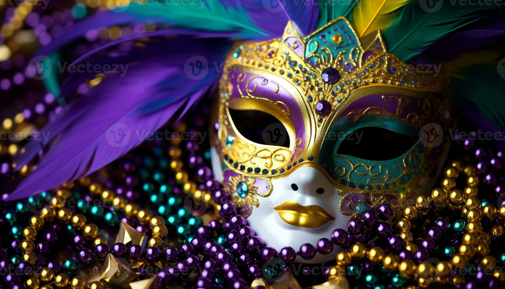 ai generato colorato piume adornano un' masquerade maschera a mardi gras generato di ai foto