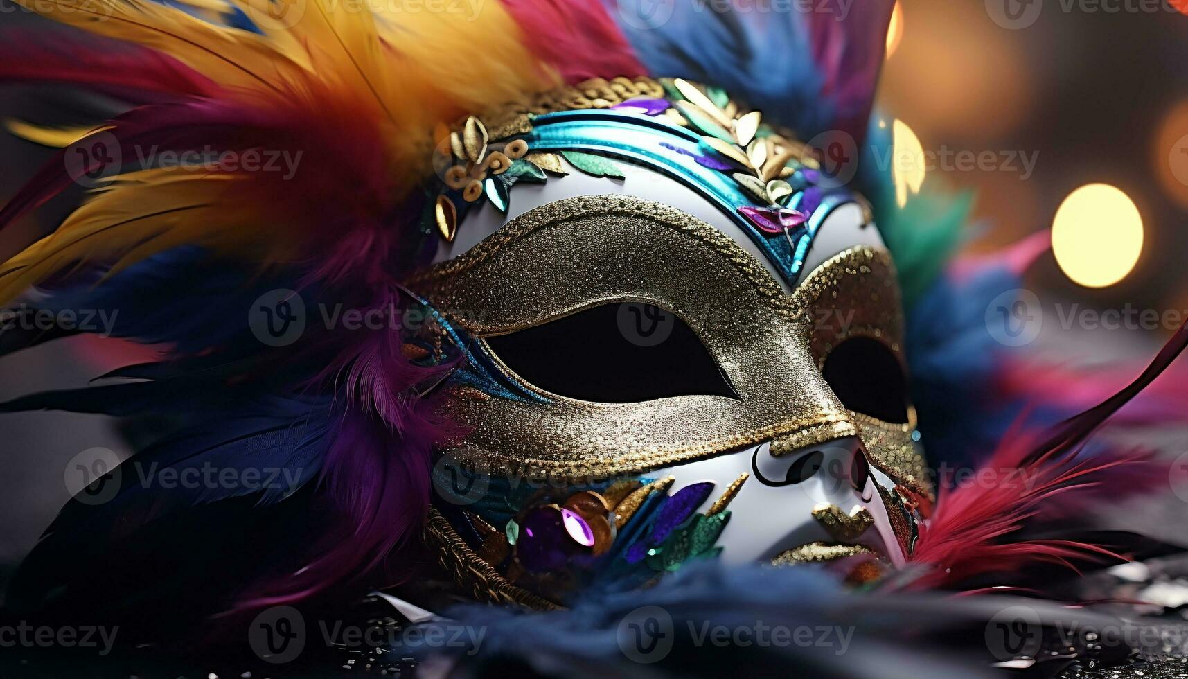 ai generato piumato maschera travestimenti eleganza a mardi gras parata generato di ai foto