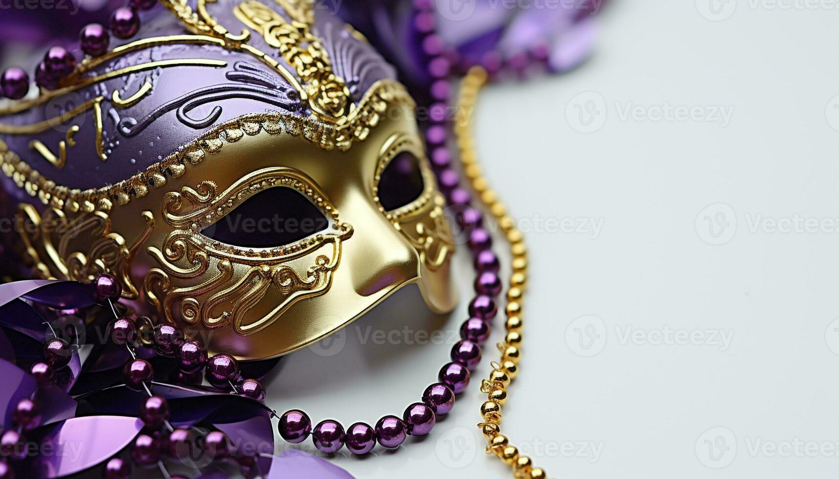 ai generato mardi gras celebrazione, costume, maschera, decorazione, oro, viola generato di ai foto