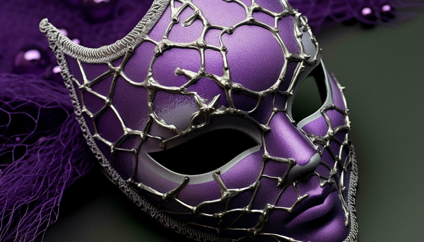 ai generato viola piuma maschera Aggiunge eleganza per costume generato di ai foto