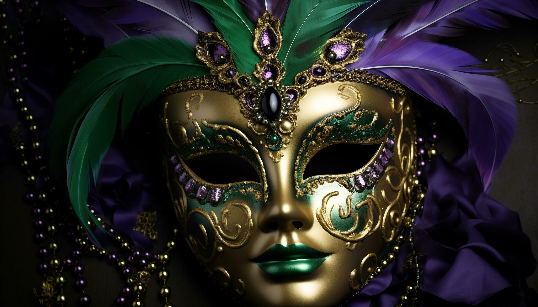 ai generato mascherato eleganza nel un' d'oro mardi gras celebrazione generato di ai foto