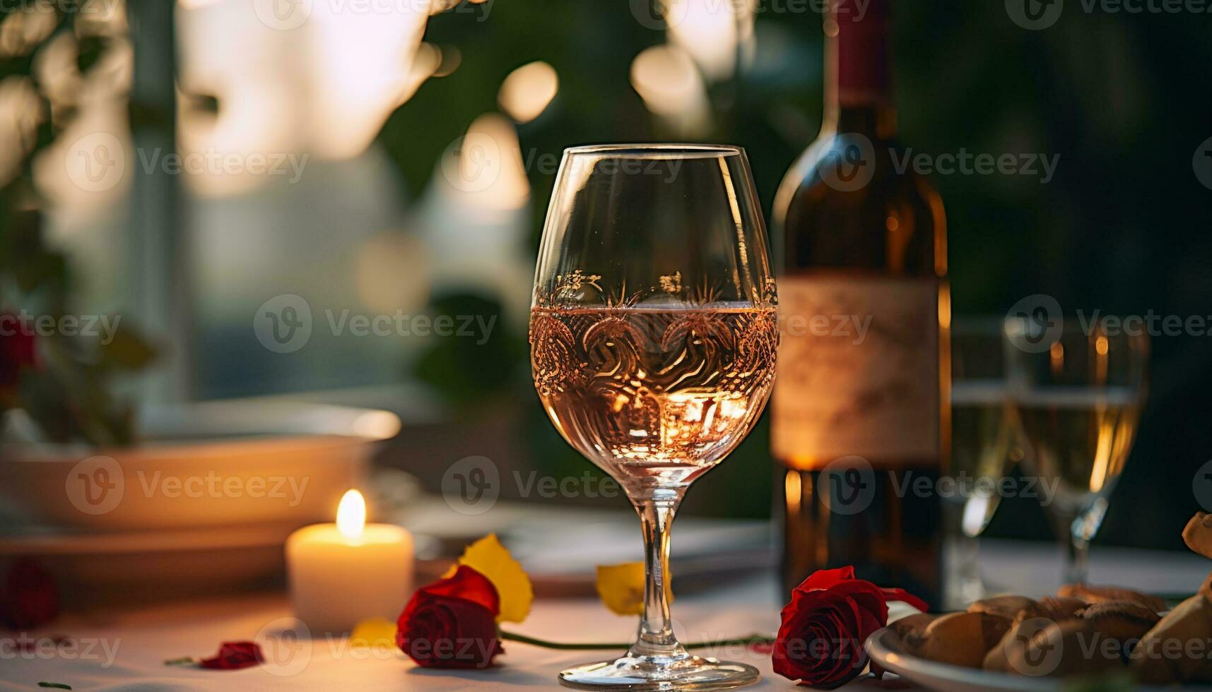 ai generato romantico lume di candela, bicchiere di vino, celebrazione, Champagne, lusso, eleganza generato di ai foto