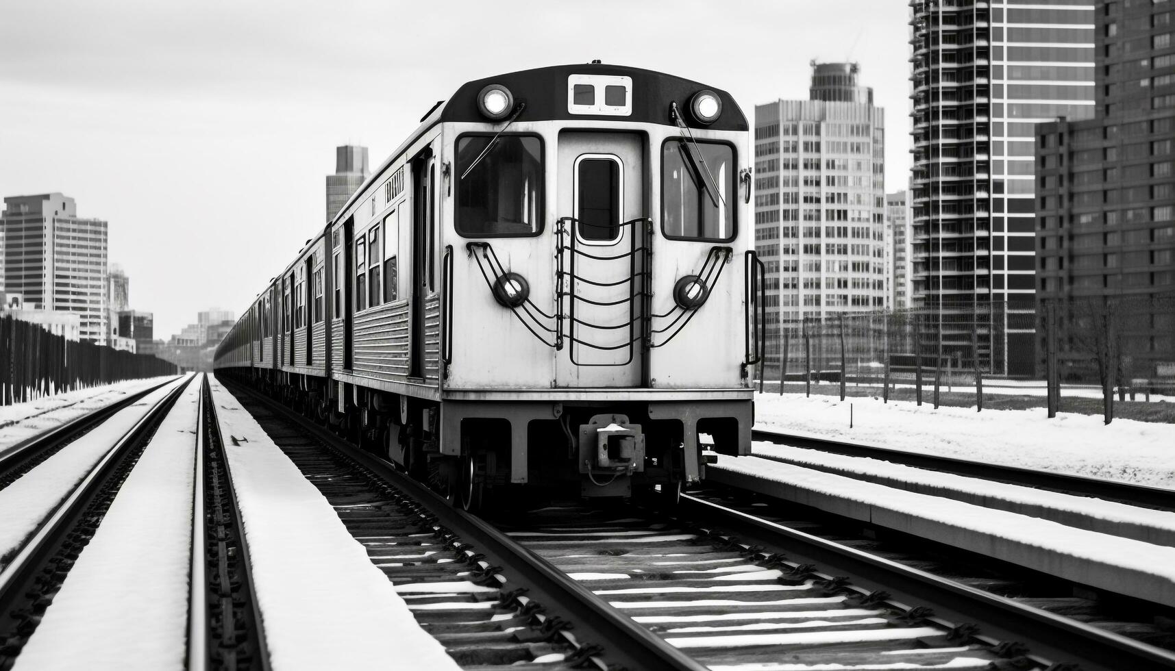 ai generato treno eccesso di velocità attraverso nevoso città, di fuga in distanza generato di ai foto