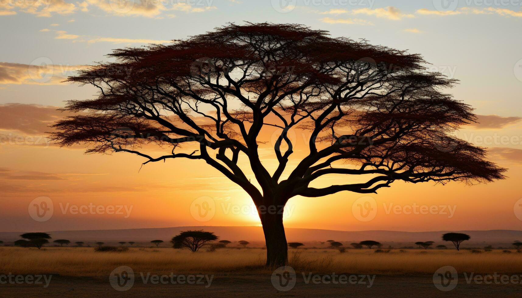 ai generato silhouette di acacia albero nel africano tramonto generato di ai foto