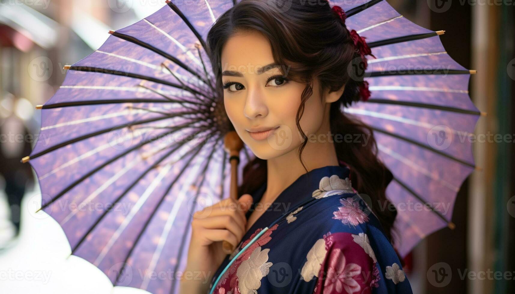 ai generato sorridente giovane donne nel tradizionale capi di abbigliamento con ombrello generato di ai foto