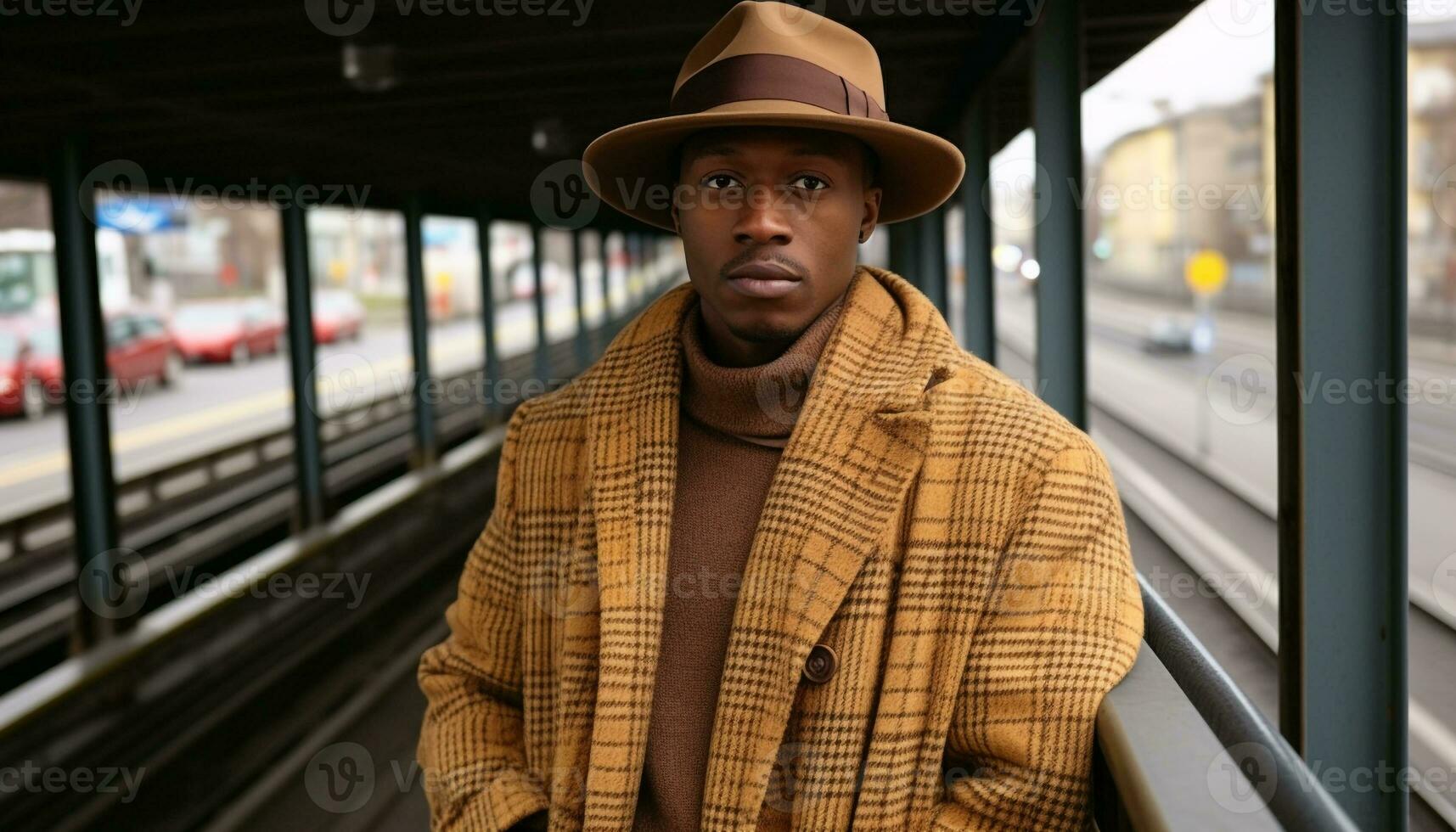 ai generato fiducioso uomo nel caldo capi di abbigliamento a metropolitana stazione generato di ai foto