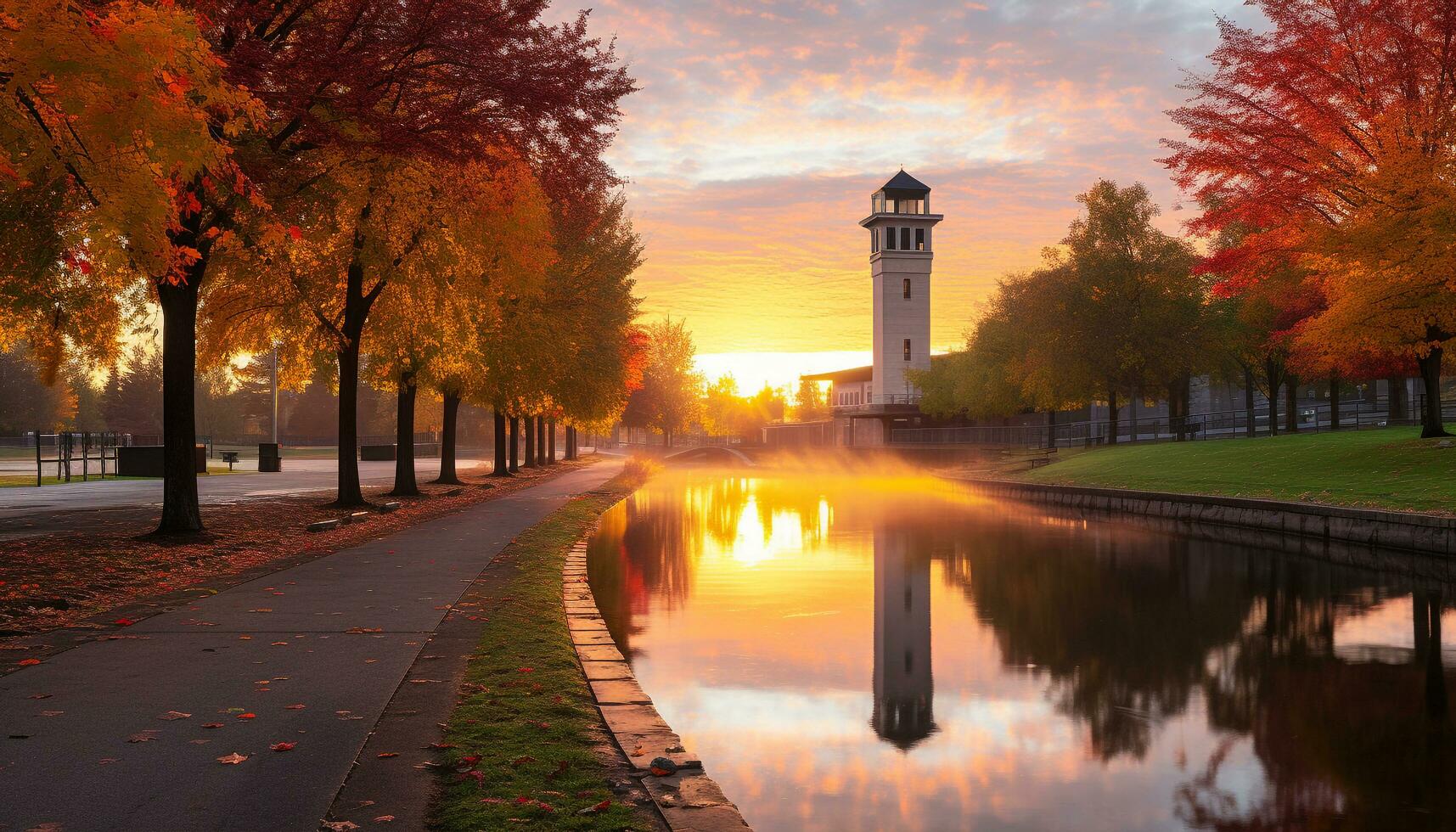 ai generato autunno tramonto riflette vivace colori nel tranquillo natura generato di ai foto