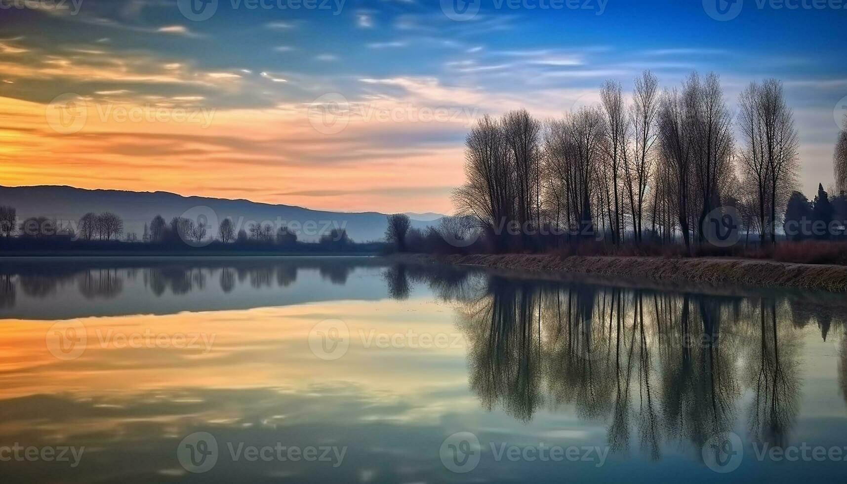 ai generato tramonto al di sopra di il tranquillo stagno riflette il bellezza generato di ai foto