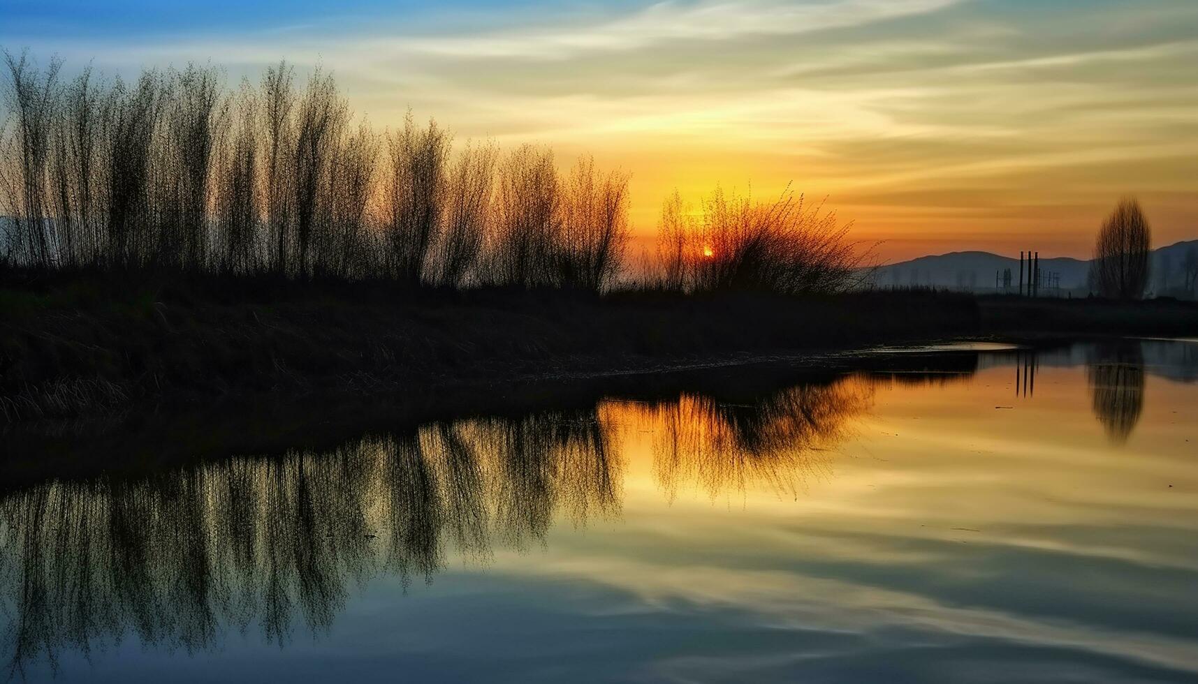 ai generato tramonto riflette su tranquillo acqua, natura vivace bellezza generato di ai foto