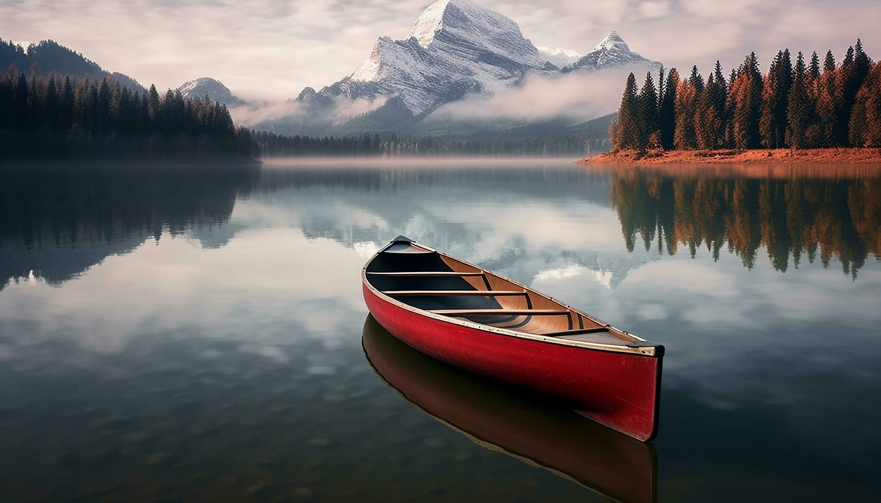 ai generato tranquillo scena di canoa su montagna lago generato di ai foto