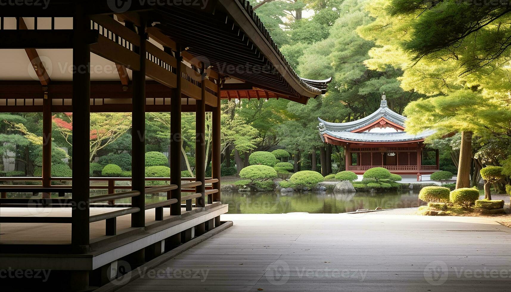 ai generato tranquillo scena di antico pagoda nel giapponese giardino generato di ai foto