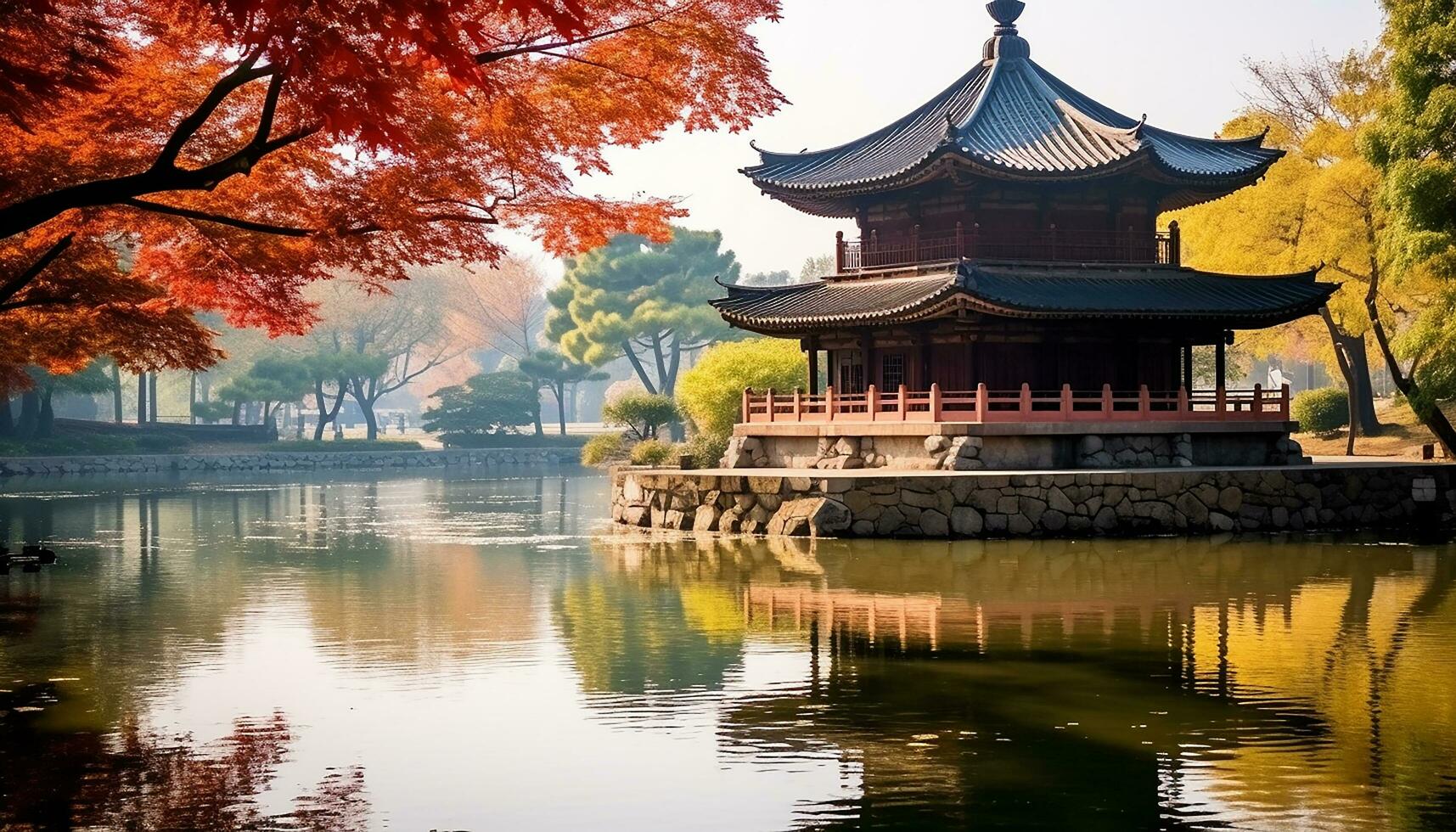 ai generato autunno le foglie riflettere su tranquillo stagno, antico pagoda, generato di ai foto