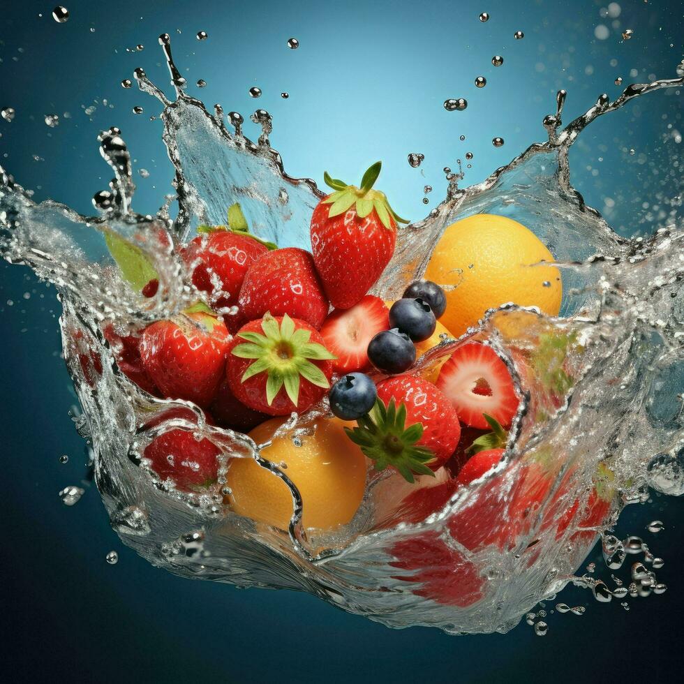 ai generato fresco frutta spruzzi in chiaro acqua, fresco frutta in chiaro acqua spruzzo sfondo ai generato foto