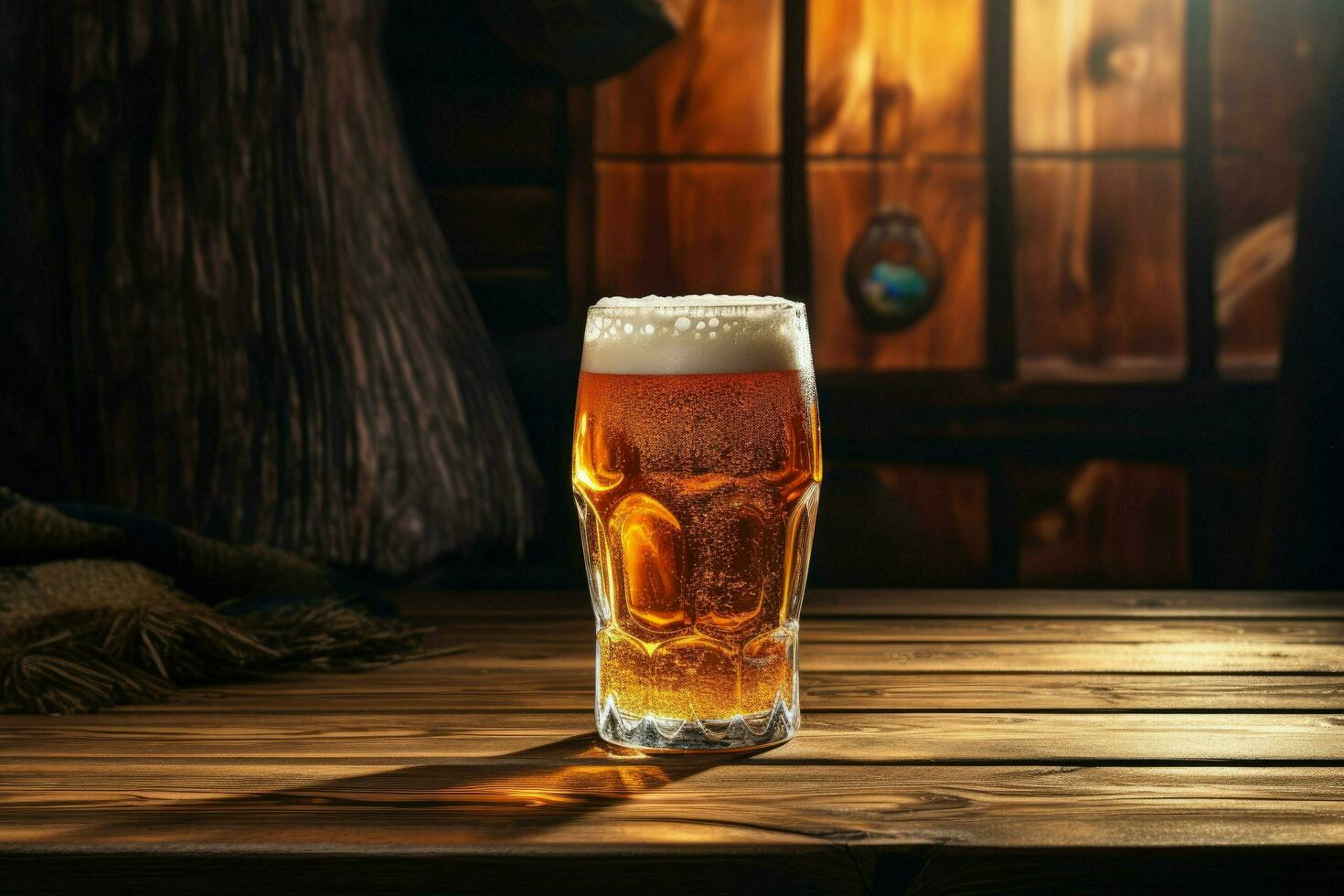 ai generato un' bicchiere di birra su un' di legno tavolo a tramonto, un' bicchiere di birra su un' di legno tavolo ai generato foto