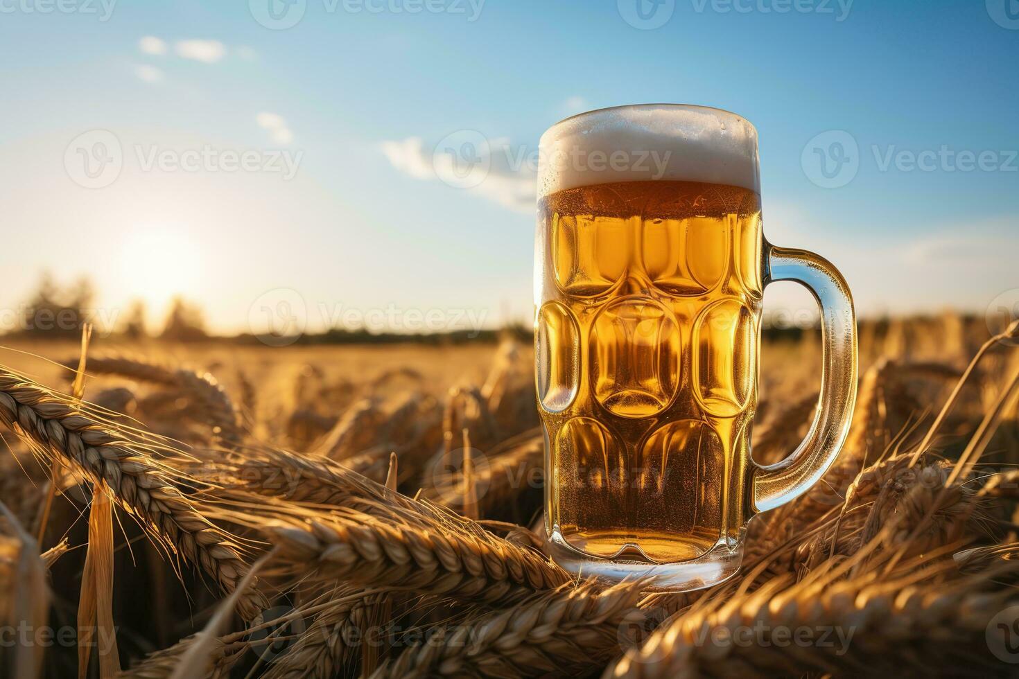 ai generato boccale di birra con schiuma nel un' Grano campo foto