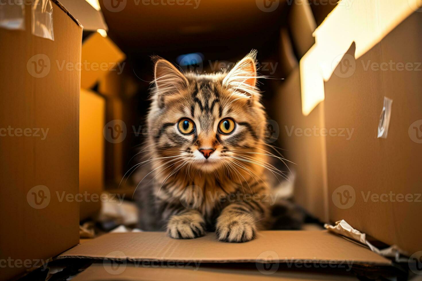 ai generato ritratto di un' carino soriano gatto giocando nel un' cartone scatola foto