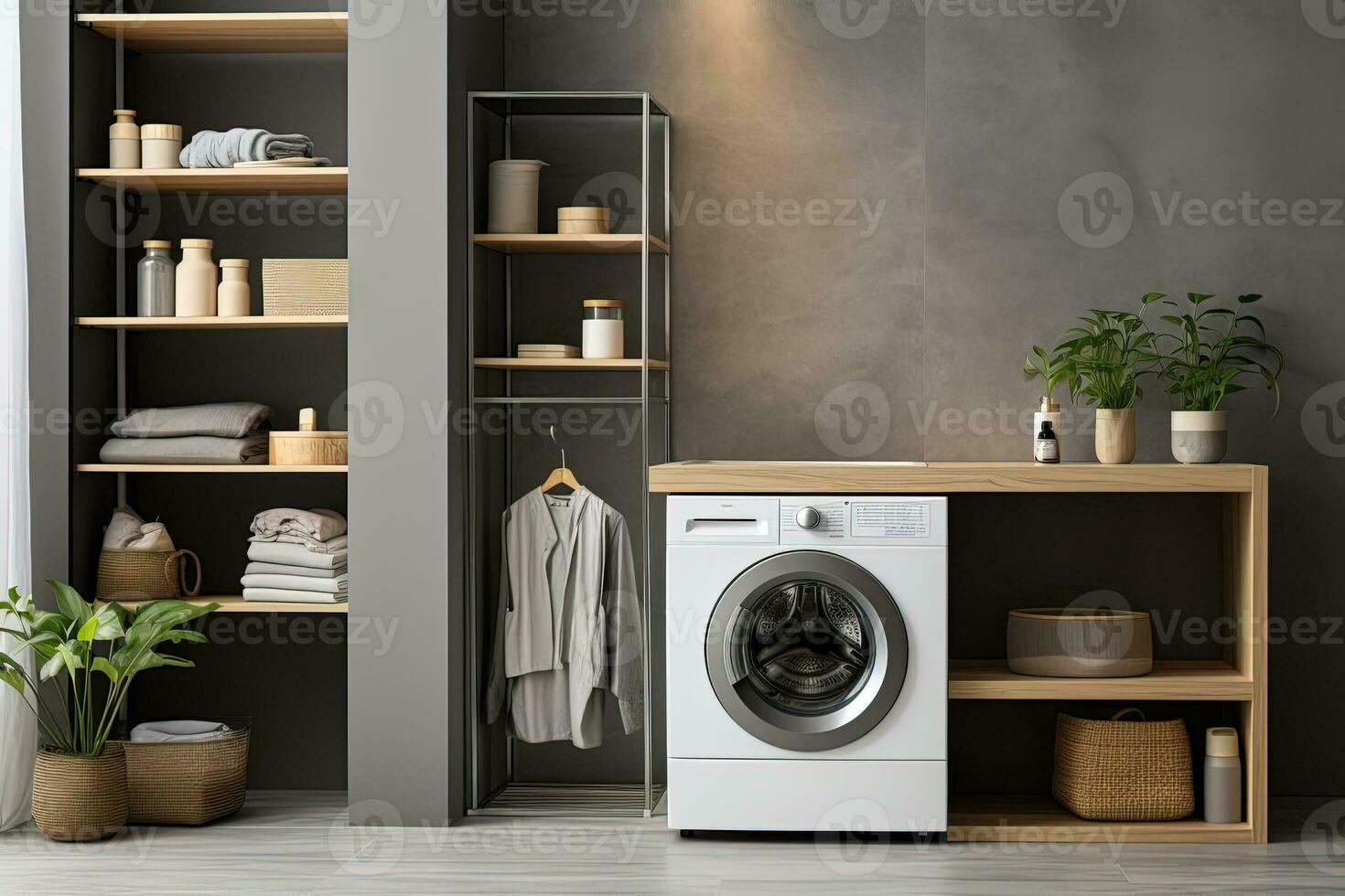 ai generato moderno lavanderia camera interno con di legno grigio Consiglio dei ministri nel grigio pastello colori foto