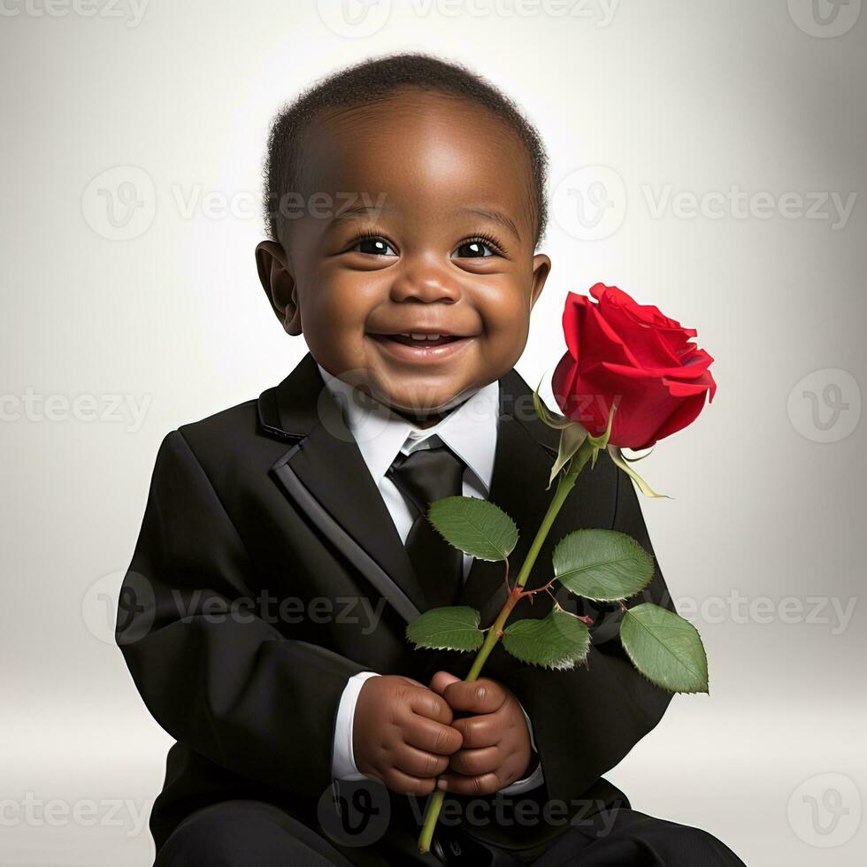 ai generato adorabile sorridente poco bambino ragazzo nel un' nero completo da uomo Tenere un' rosso rosa nel il suo mani, isolato su un' bianca sfondo foto