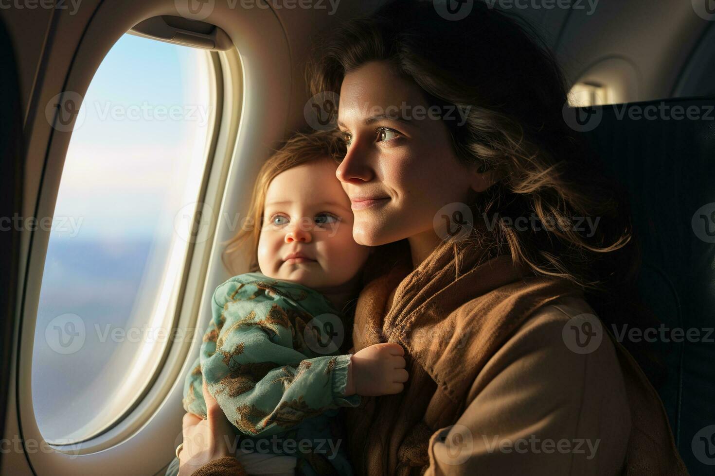 ai generato giovane donna madre con sua bambino guardare su il aereo finestra foto