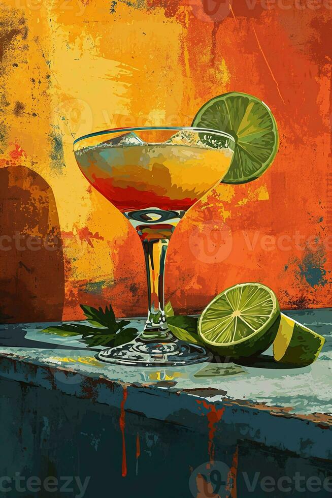 ai generato verticale illustrazione di un' bicchiere di Margherita cocktail con verde Limes su un arancia sfondo. Vintage ▾ olio pittura manifesto design foto