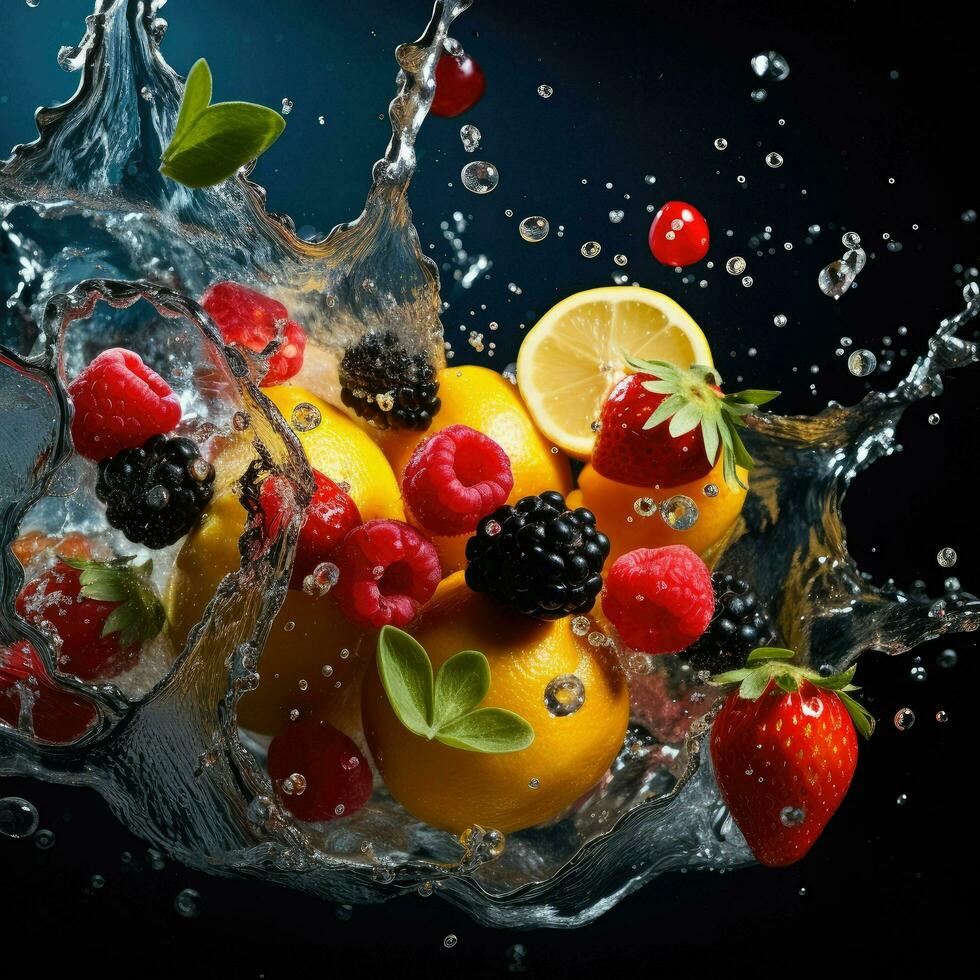 ai generato fresco frutta spruzzi in chiaro acqua, fresco frutta in chiaro acqua spruzzo sfondo ai generato foto
