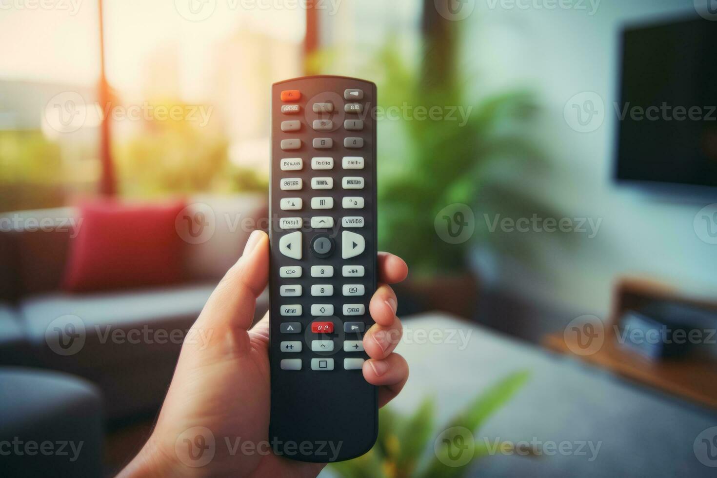 ai generato mani hold televisione a distanza controllore su il sfocato tv sfondo. generativo ai foto