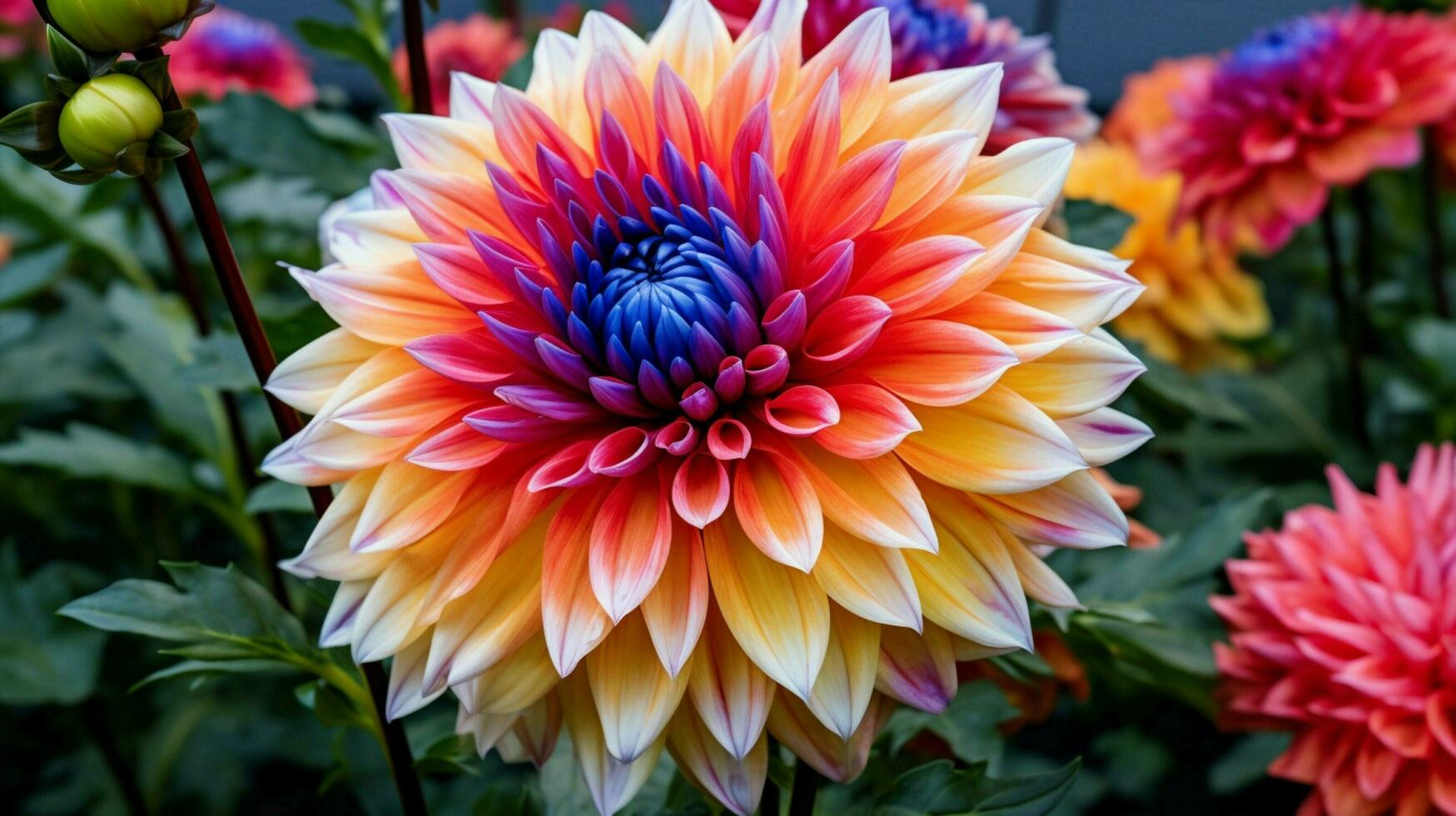 ai generato vivace petali di un' Multi colorato dalia nel formale giardino foto