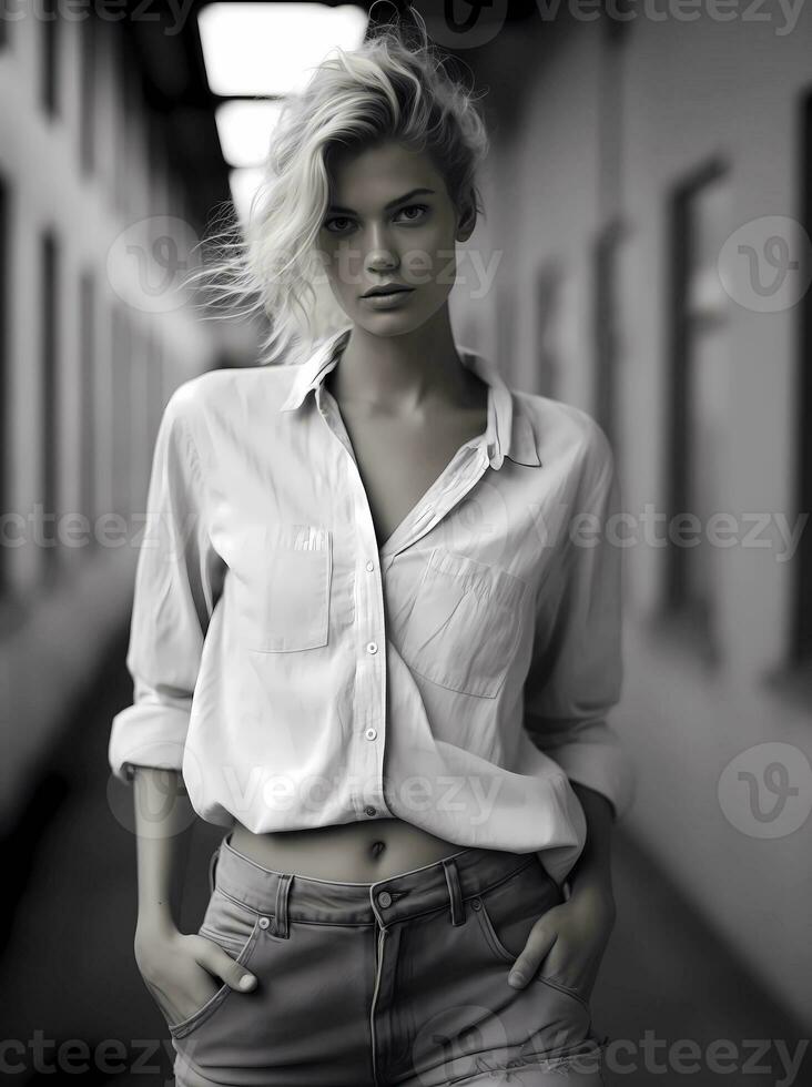 ai generato bellissimo giovane femmina modello in posa nel vecchio denim jeans e camicia nel nero e bianca ritratto foto