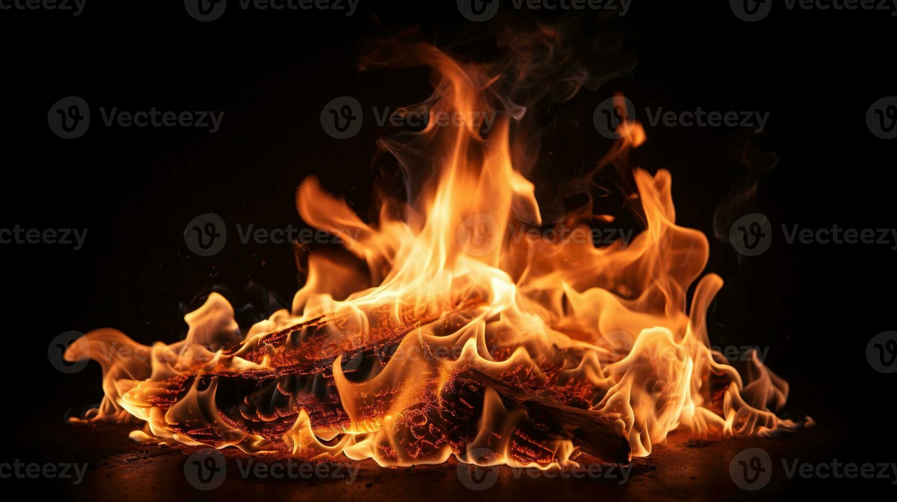 ai generato bellissimo elegante fuoco su nero sfondo. fiamme, piccante, camino foto