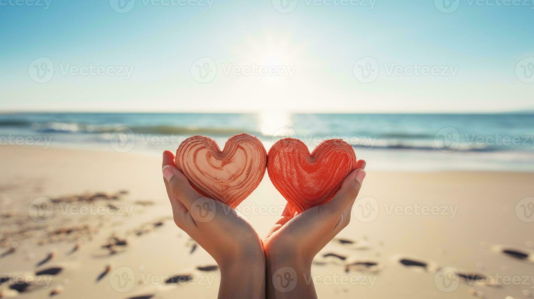 ai generato mano Tenere un' forma cuore a partire dal il amante con luce del sole sfondo a il mare. amore su San Valentino 'S giorno o nozze. esso esprime il tuo amore e cura per il tuo qualcuno speciale per voi. foto