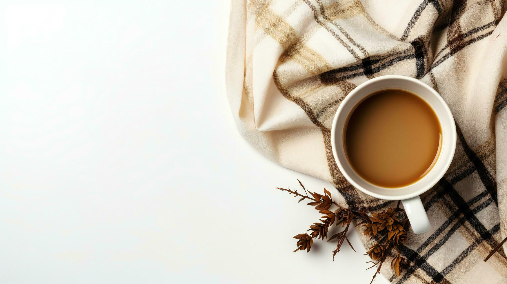 ai generato caffè tazza e stoffa su bianca sfondo con gratuito spazio per il tuo design foto