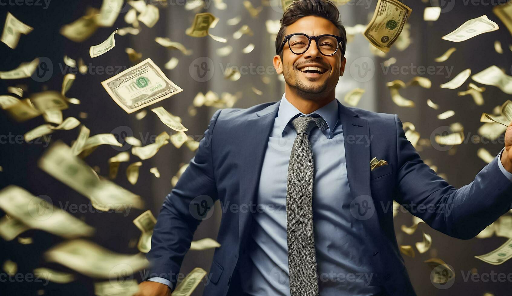 ai generato contento uomo nel un' attività commerciale completo da uomo caduta dollari foto