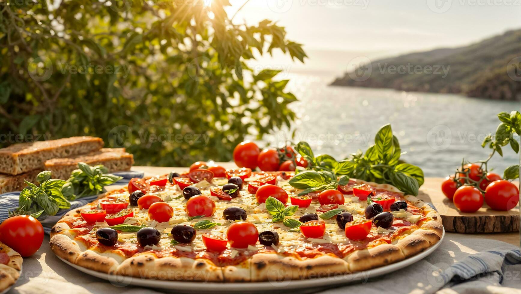 ai generato appetitoso Pizza con pomodori, olive, basilico su il riva del mare foto