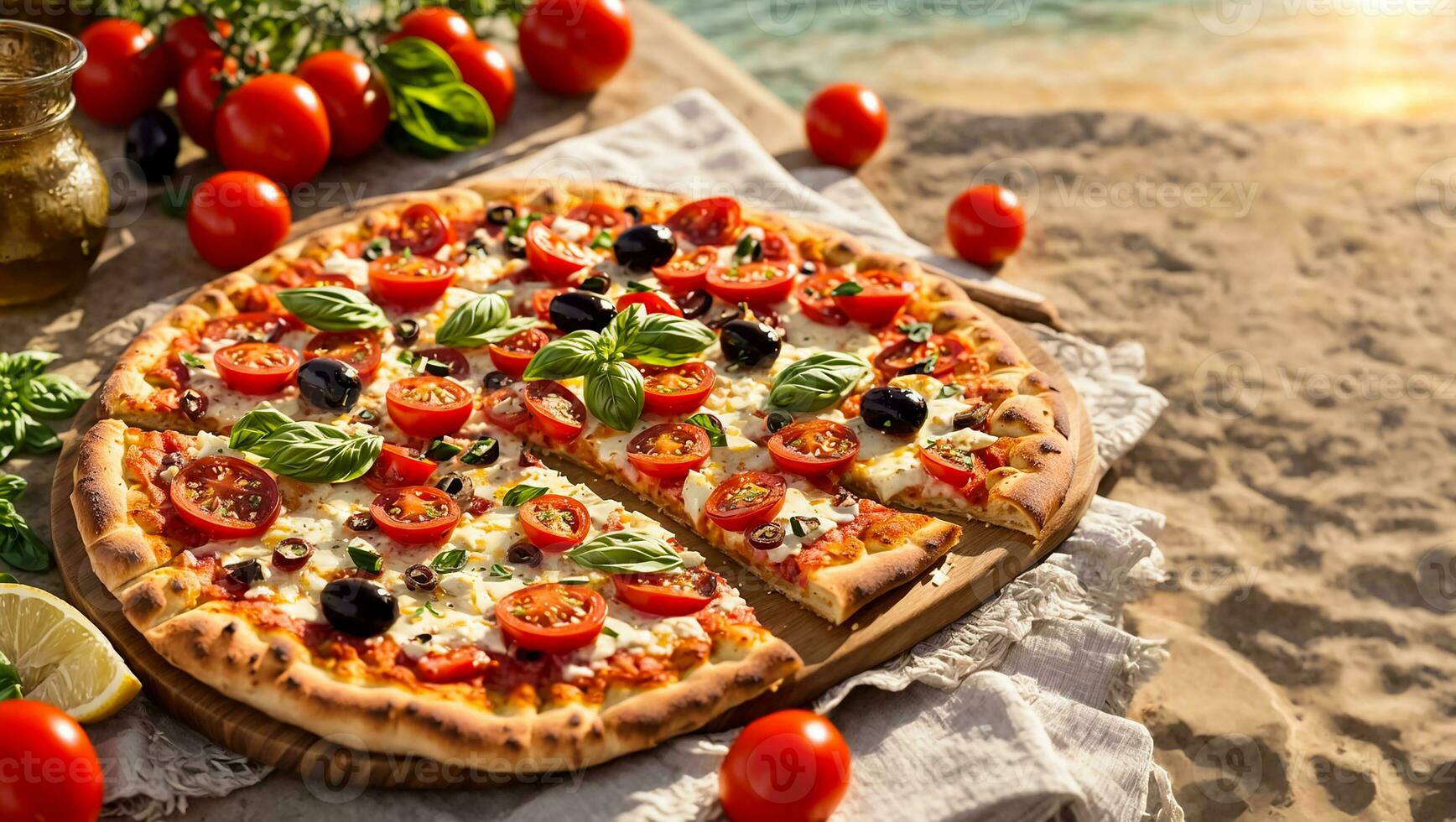 ai generato appetitoso Pizza con pomodori, olive, basilico su il riva del mare foto