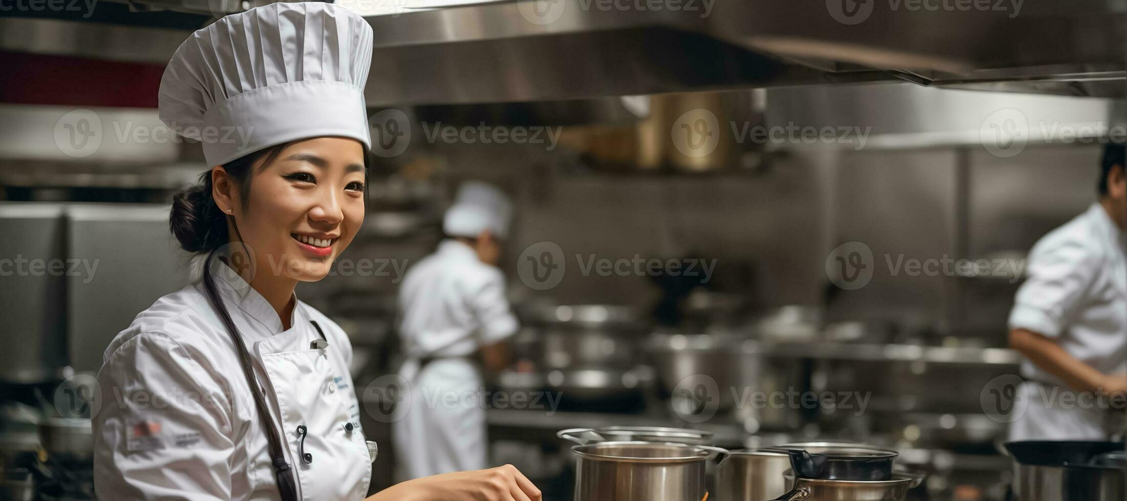 ai generato contento asiatico donna cucinare nel ristorante cucina foto