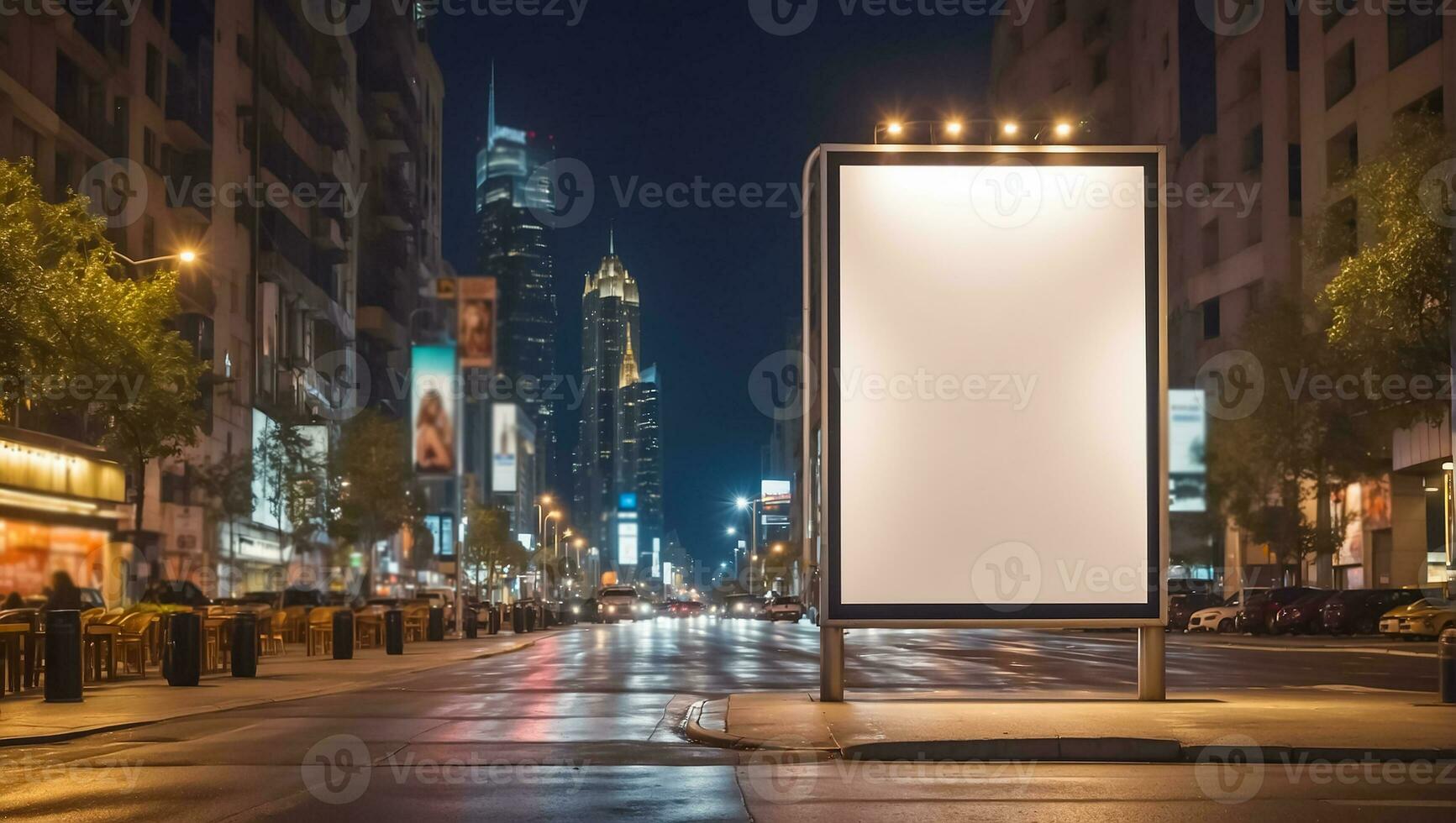 ai generato vuoto pubblicità bandiera su il strada a notte foto