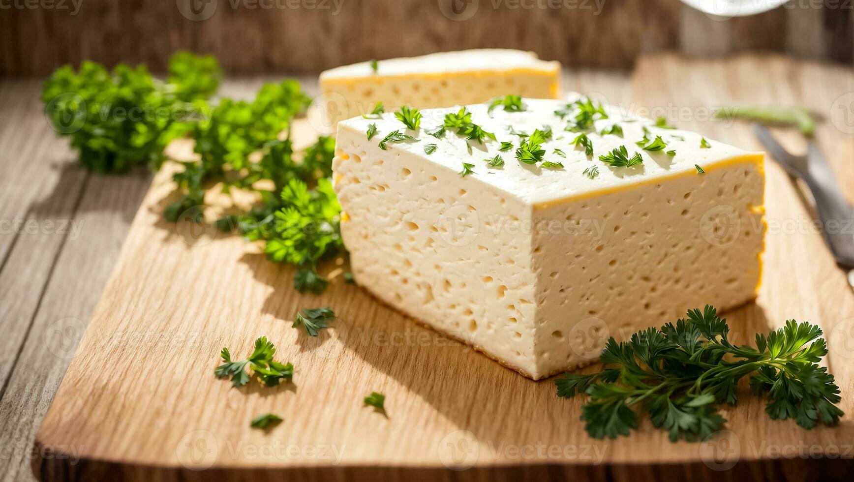 ai generato fresco tofu formaggio con prezzemolo nel il cucina foto