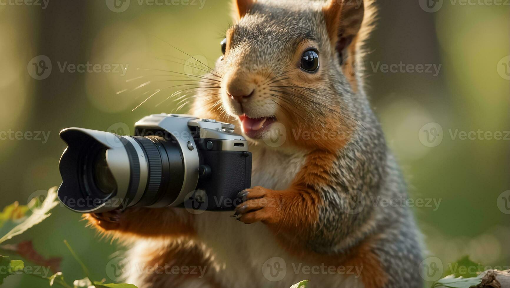 ai generato carino amichevole scoiattolo con un' telecamera nel il parco foto