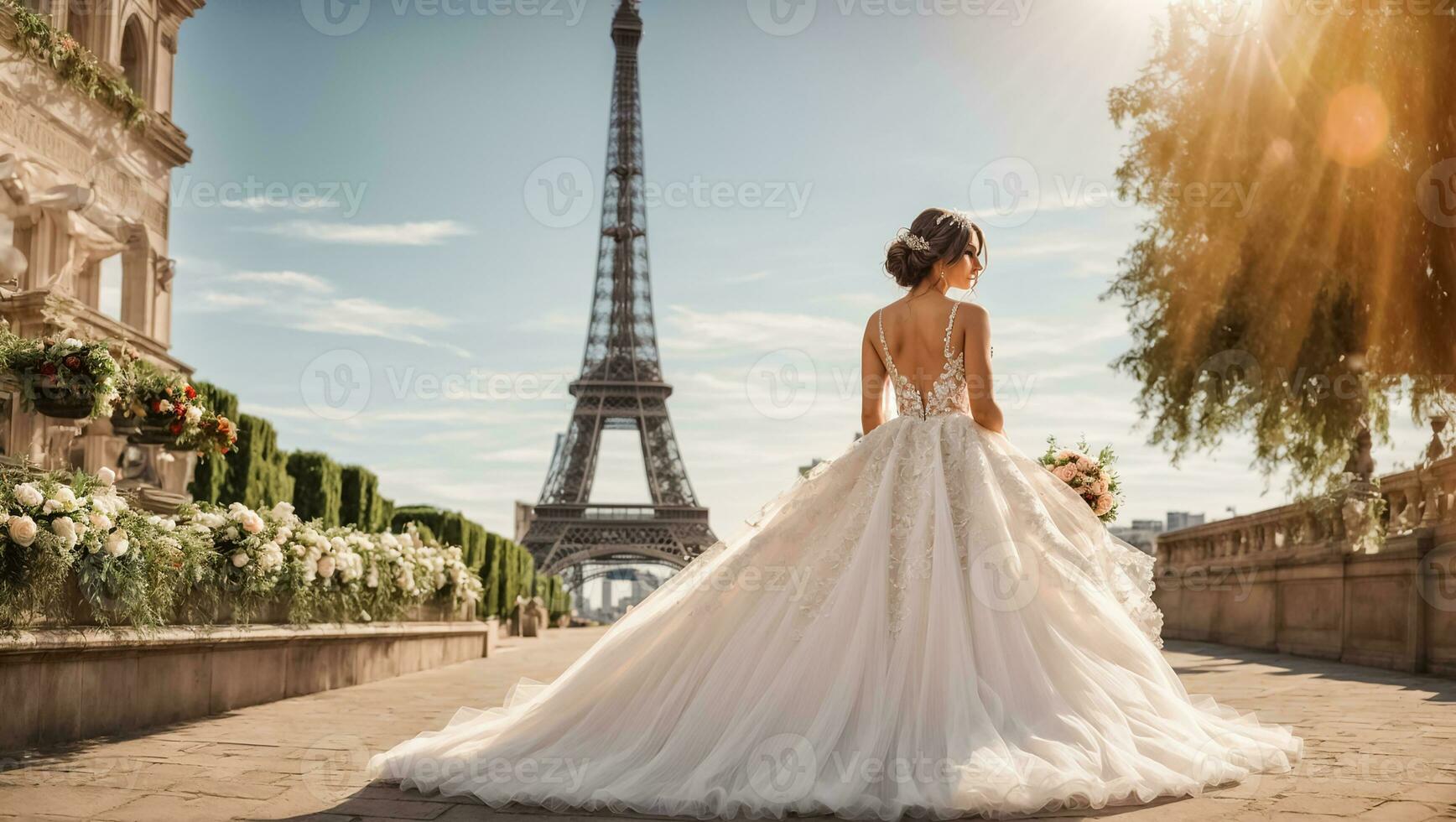 ai generato bellissimo ragazza nel un' bianca damigella d'onore vestito contro il sfondo di il eiffel Torre foto