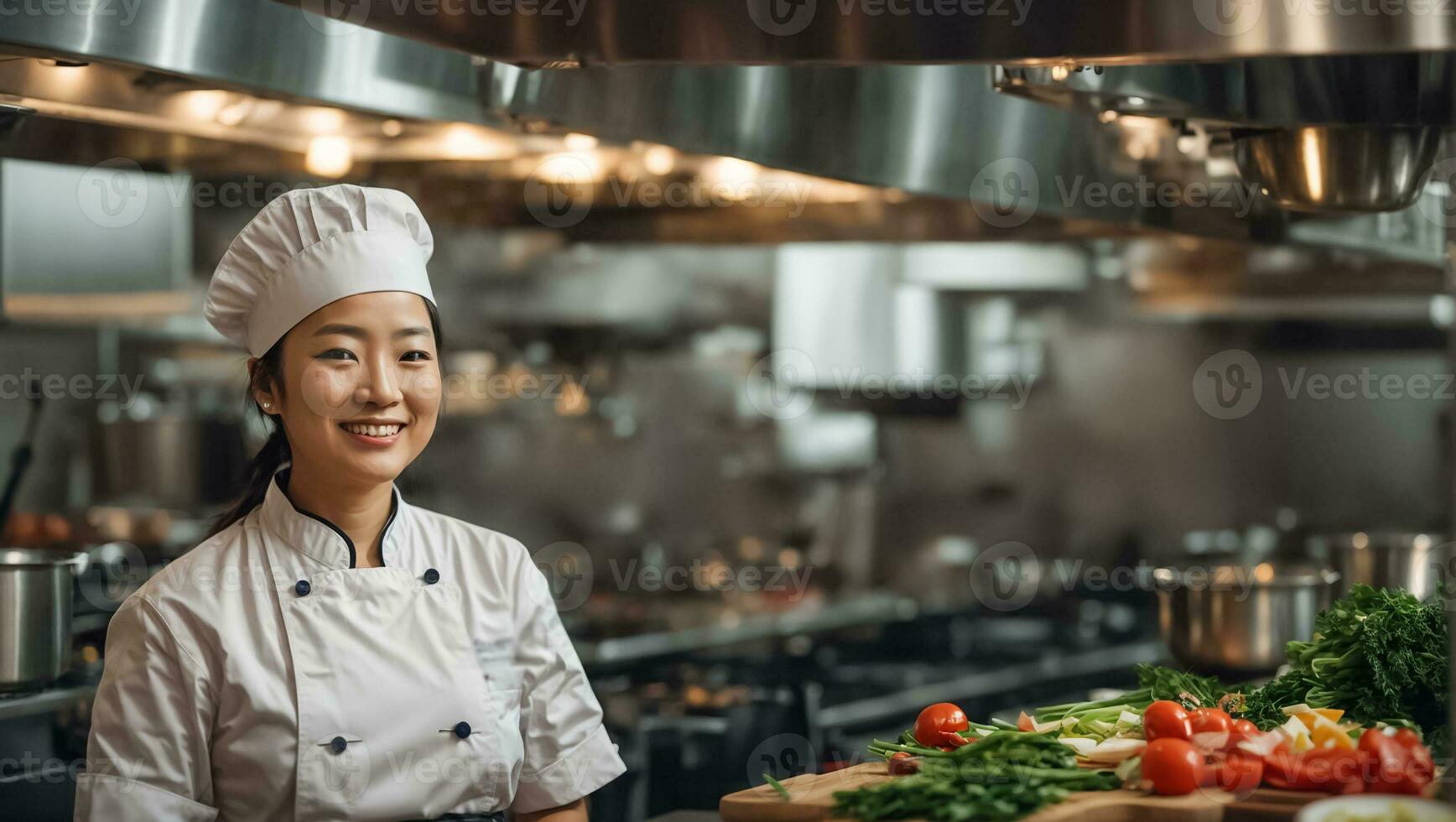 ai generato contento asiatico donna cucinare nel ristorante cucina foto
