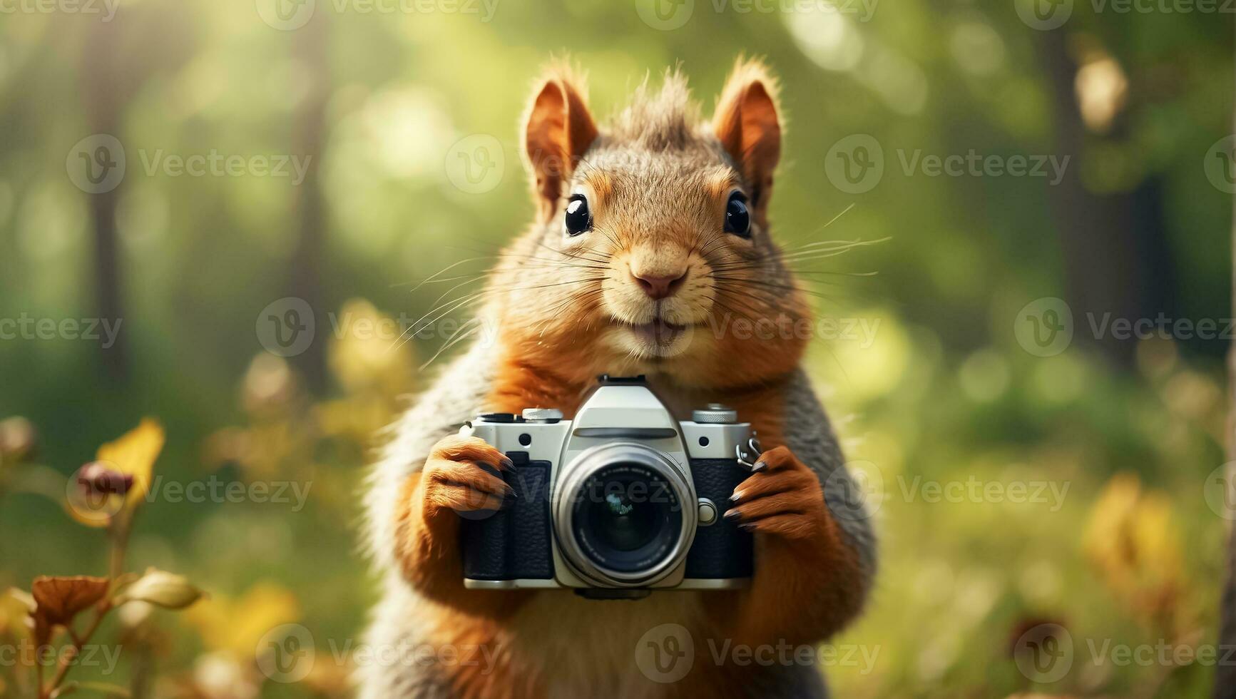 ai generato carino amichevole scoiattolo con un' telecamera nel il parco foto