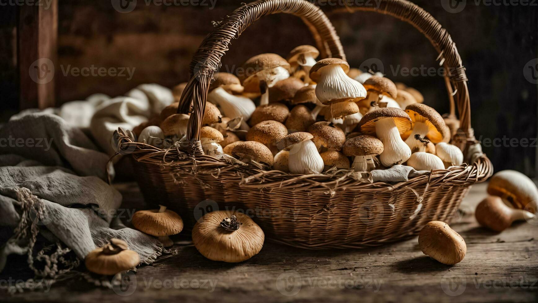 ai generato fresco funghi nel un' cestino su un vecchio sfondo foto