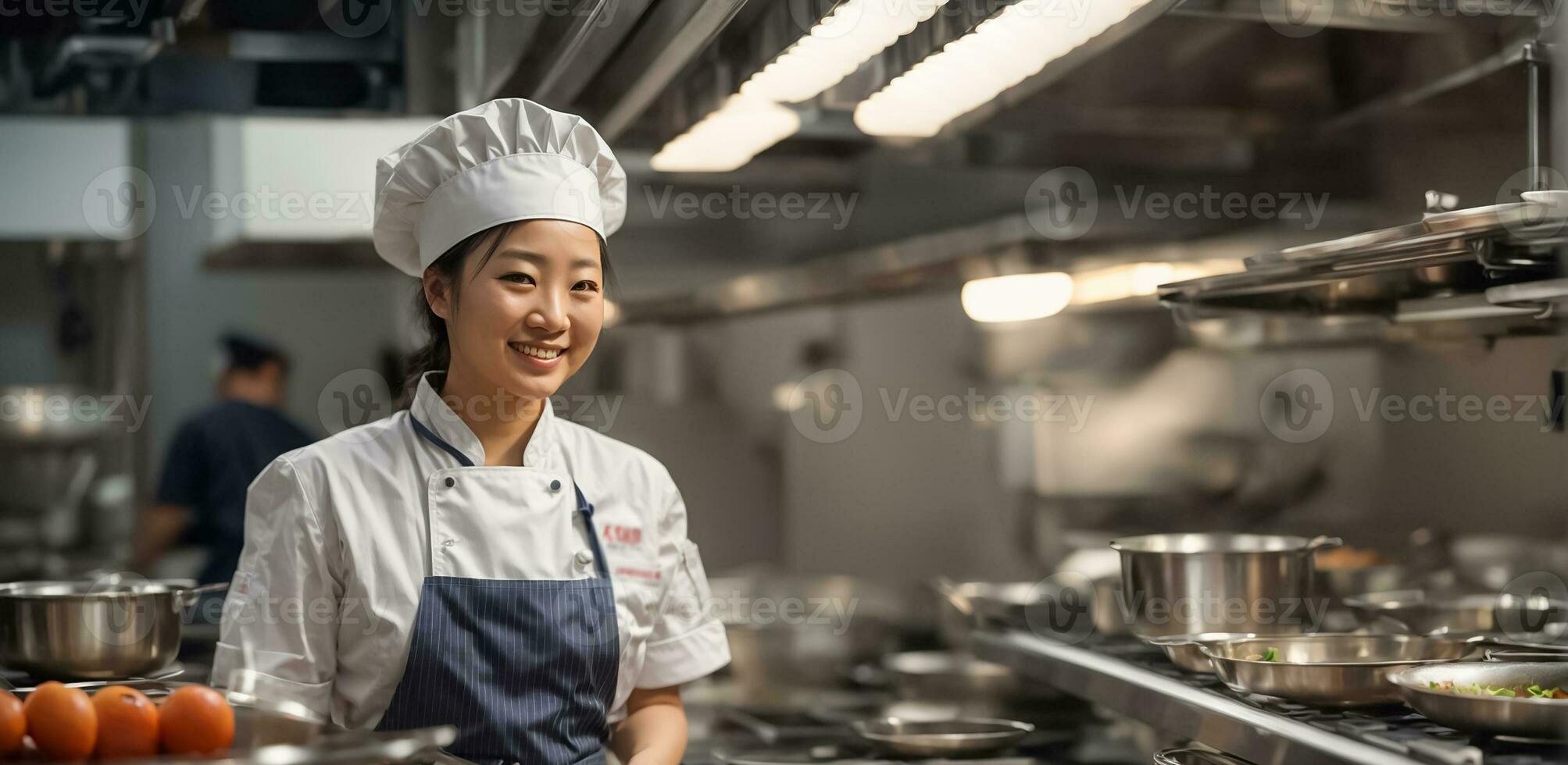 ai generato contento asiatico donna cucinare nel ristorante cucina foto