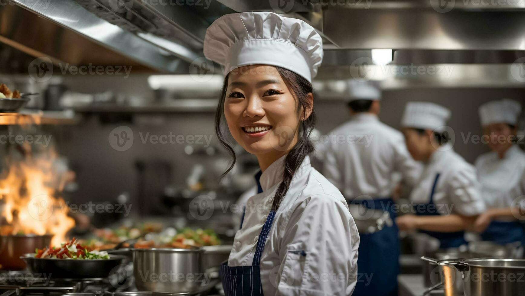 ai generato contento asiatico donna cucinare nel ristorante cucina foto