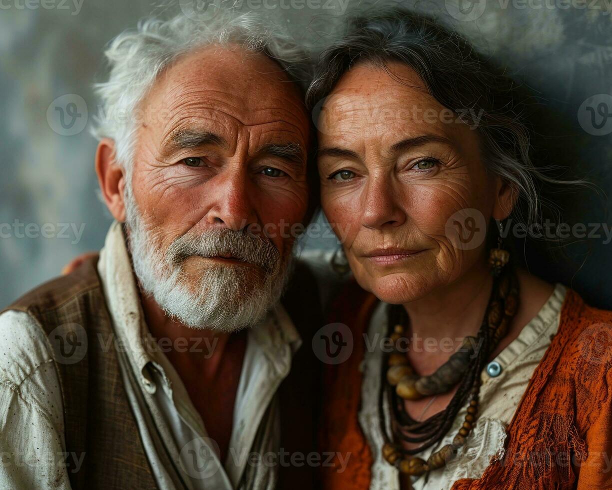 ai generato nonna e Nonno in posa su il grigio parete, contento attivo gli anziani immagini foto