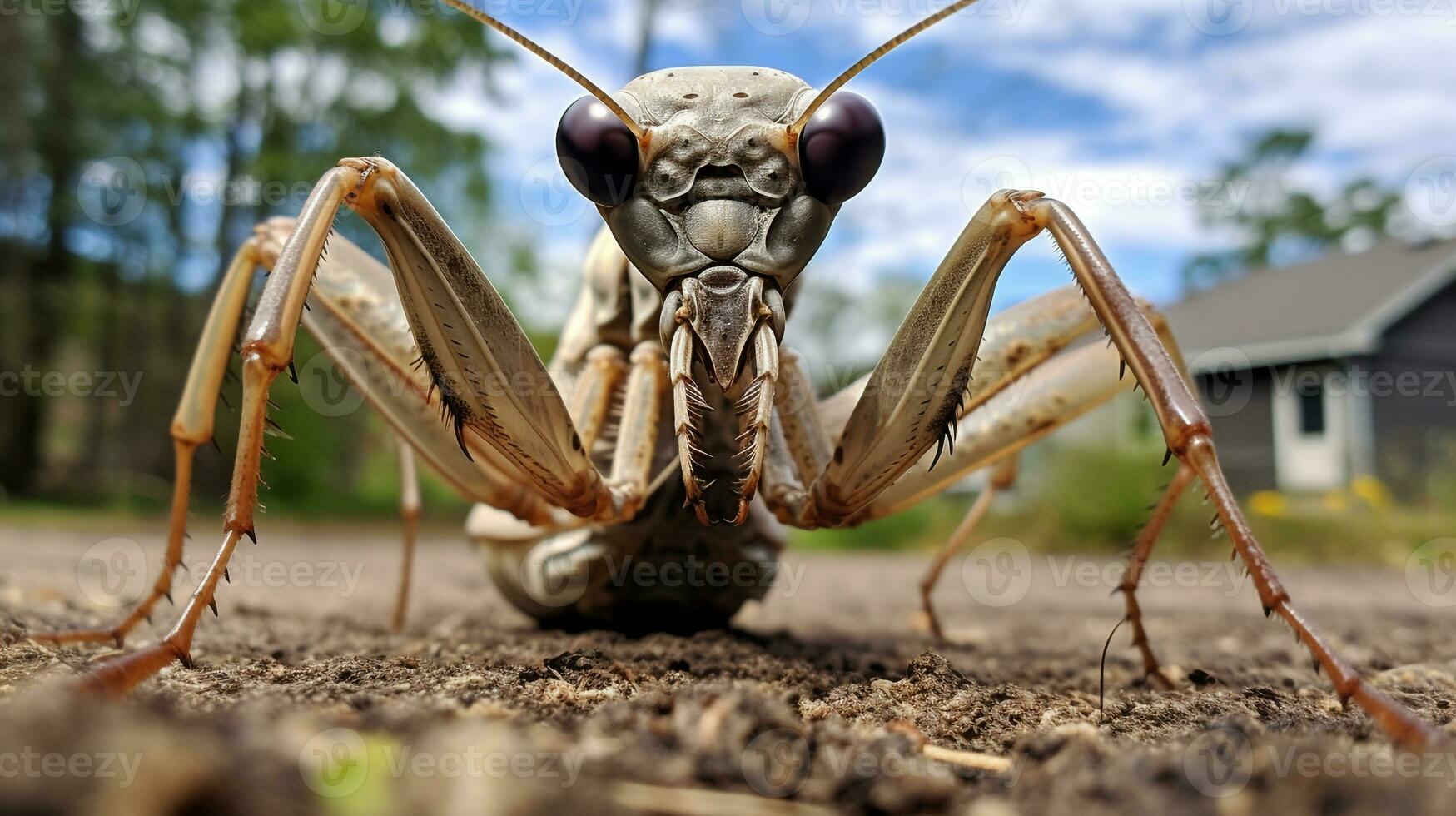 ai generato foto di brizzolato mantide su un' terra. generativo ai