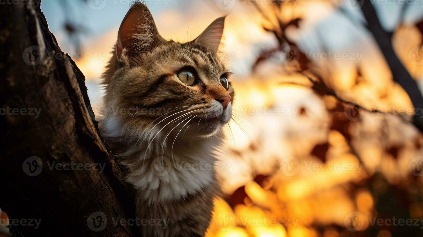 foto di un' gatto arroccato su un' albero ramo contro un' sole. generativo ai