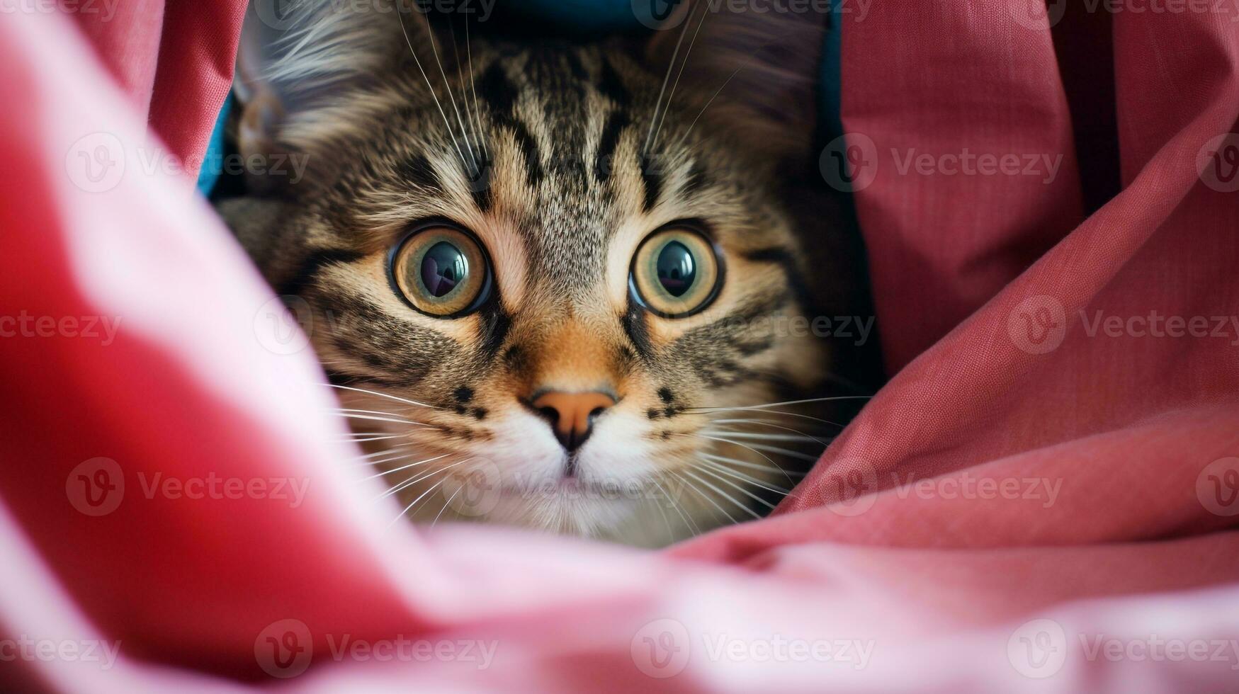 ai generato foto di un' gatto sbirciando su a partire dal dietro a un' tenda. generativo ai